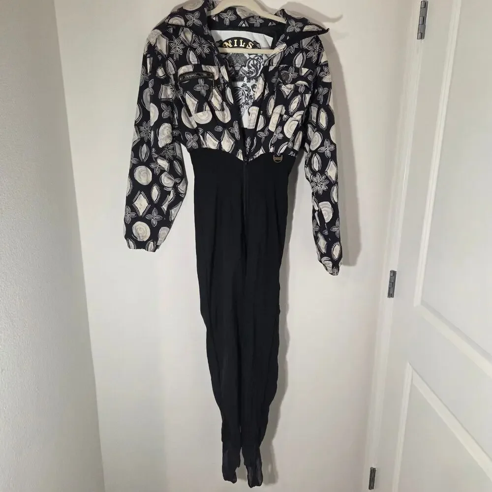Vintage NILS One Piece Ski Suit 6 USA Floral Black Insulated Snowsuit Jumpsuit
